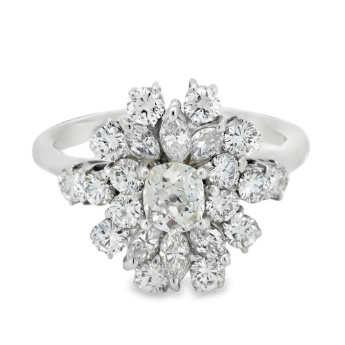 Anello Diamanti Cristallo di Neve Margherita Cuscino ct 0,49 G VS2 + Brillante ct 1,17 EF VVS Oro 18 kt 5,80 gr