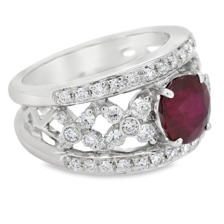 Anello Rubino ct 2,51 Diamanti taglio a Brillante ct 0,98 e Oro Bianco 750 18 kt 9,2 gr