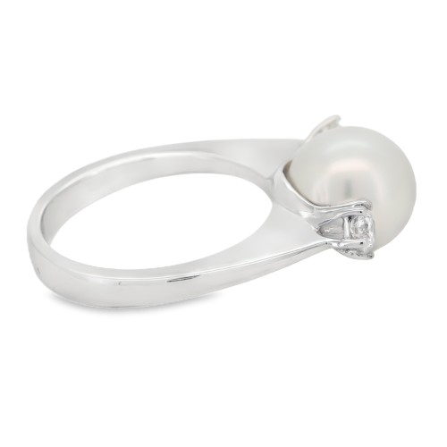 ANELLO Perla Giapponese 9,8 mm e Diamanti ct 0,34 F VS Oro Bianco 18 kt  6,2 gr