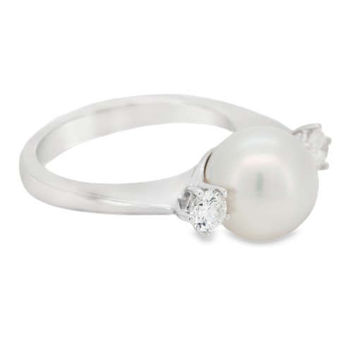 ANELLO Perla Giapponese 9,8 mm e Diamanti ct 0,34 F VS Oro Bianco 18 kt  6,2 gr