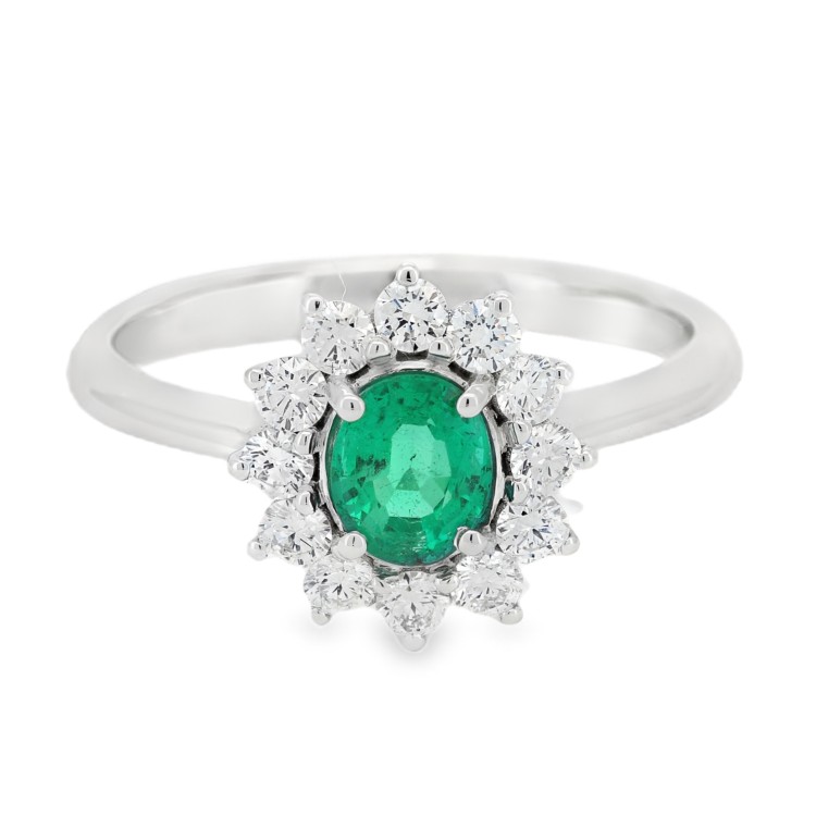 Anello Smeraldo Margherita ct 0,57 misura 6 x 5 mm con certificato IGI Diamanti ct 0,47 F VS Oro 750 18 kt 3,40 gr