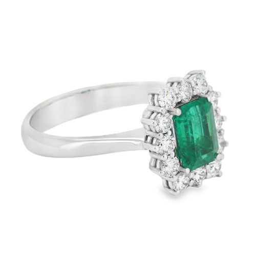 Anello Margherita Smeraldo Rettangolare ct 1,10 IGI  Diamanti ct 0,56 F SI1 Oro Bianco 18 kt 4,74 gr