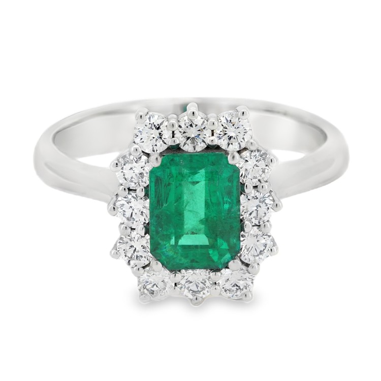 Anello Margherita Smeraldo Rettangolare ct 1,10 IGI  Diamanti ct 0,56 F SI1 Oro Bianco 18 kt 4,74 gr