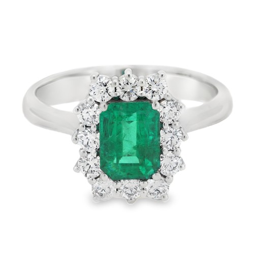 Anello Margherita Smeraldo Rettangolare ct 1,10 IGI  Diamanti ct 0,56 F SI1 Oro Bianco 18 kt 4,74 gr