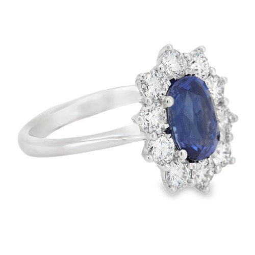 Anello Margherita Zaffiro Blu ct 1,99 Diamanti ct 1,04 F VS Oro Bianco 18 kt 4,70 gr