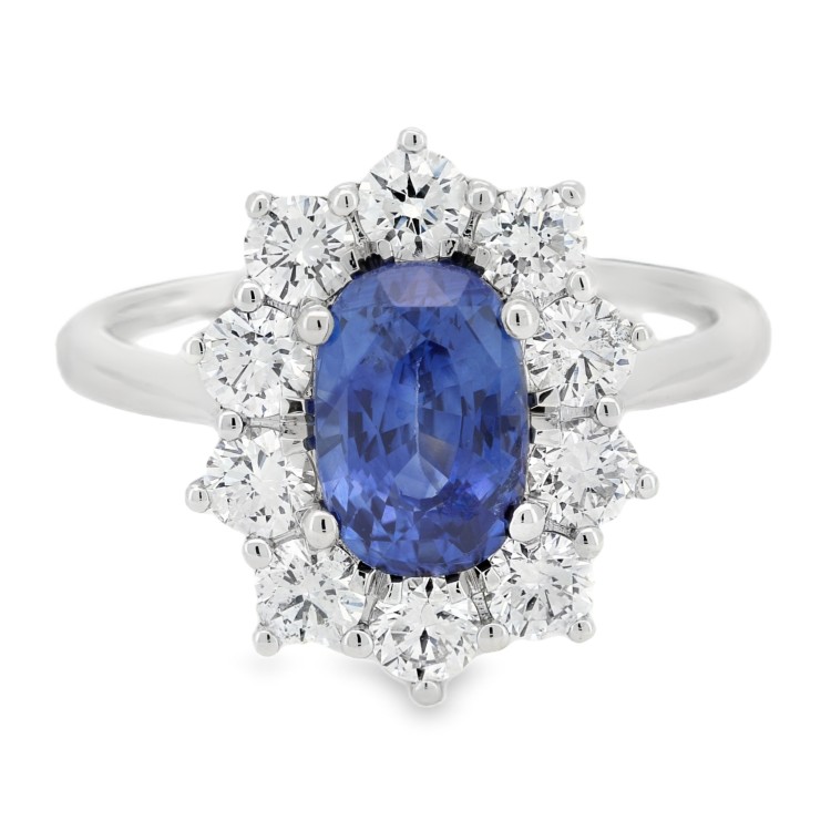 Anello Margherita Zaffiro Blu ct 1,99 Diamanti ct 1,04 F VS Oro Bianco 18 kt 4,70 gr