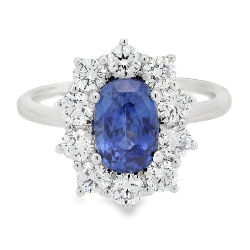 Anello Margherita Zaffiro Blu ct 1,99 Diamanti ct 1,04 F VS Oro Bianco 18 kt 4,70 gr