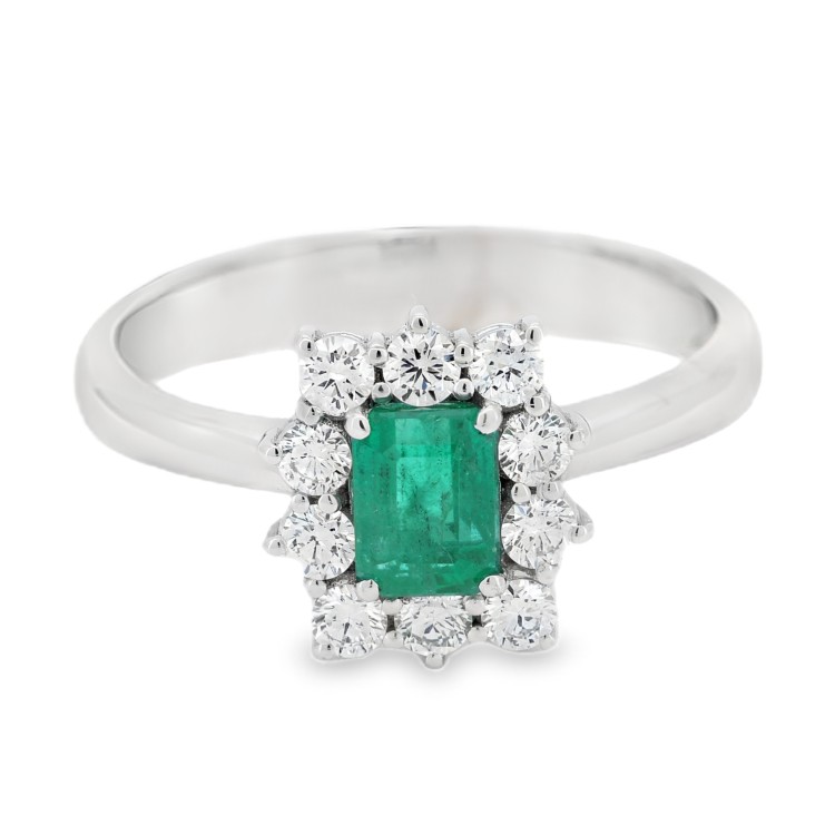 Anello Margherita Smeraldo Ottagonale ct 0,70 Diamanti ct 0,38 E VS Oro Bianco 18 kt 3,93 gr