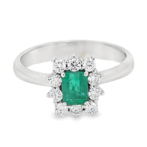 Anello Margherita Smeraldo Ottagonale ct 0,70 Diamanti ct 0,38 E VS Oro Bianco 18 kt 3,93 gr