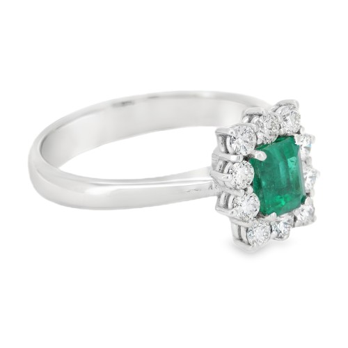 Anello Margherita Smeraldo Ottagonale ct 0,70 Diamanti ct 0,38 E VS Oro Bianco 18 kt 3,93 gr
