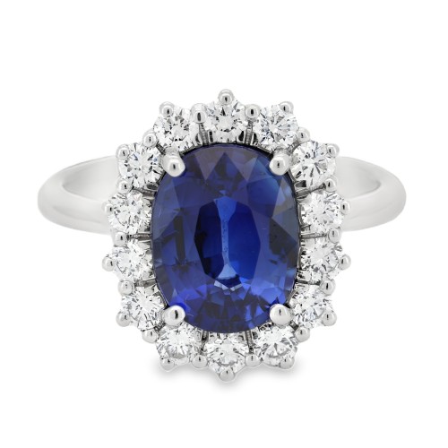 Anello Margherita Zaffiro Blu ct 3,71 IGI Diamanti ct 0,81 EF VS Oro Bianco 18 kt 5,79 gr