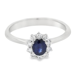 Anello Margherita Zaffiro Blu ct 0,45 Diamanti ct 0,21 EF VS Oro Bianco 18 kt 2,89 gr 2