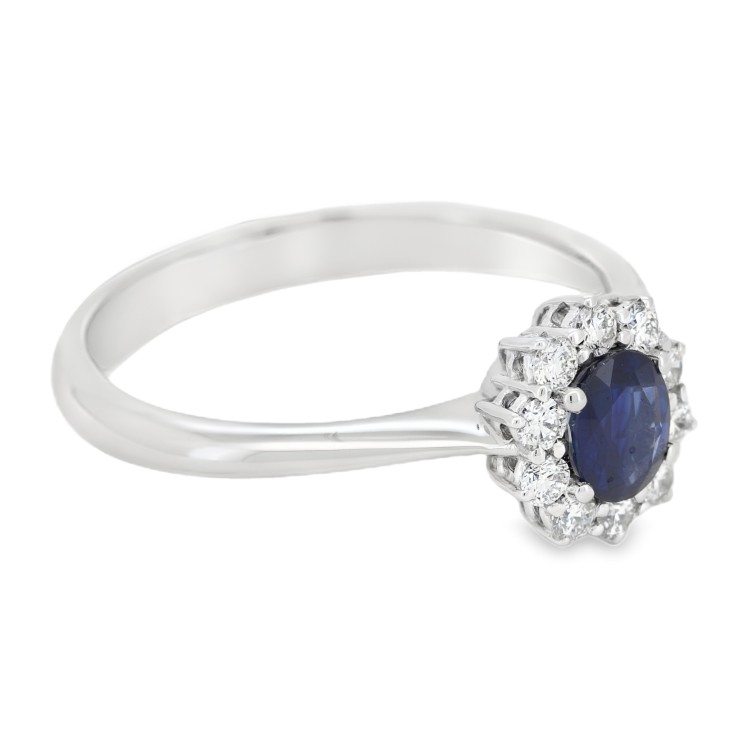 Anello Margherita Zaffiro Blu ct 0,45 Diamanti ct 0,21 EF VS Oro Bianco 18 kt 2,89 gr
