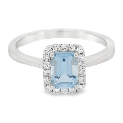 Anello Acquamarina Ottagonale 7 x 5 mm ct 0,99 Diamanti 0,21 EF VS Oro Bianco 18 kt 3,41 gr
