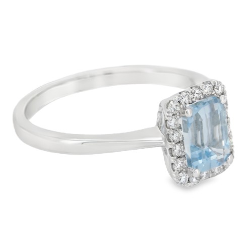 Anello Acquamarina Ottagonale 7 x 5 mm ct 0,99 Diamanti 0,21 EF VS Oro Bianco 18 kt 3,41 gr
