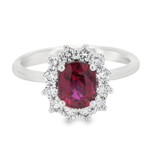 Anello Margherita Rubino ct 1,55 IGI Diamanti ct 0,50 EF VS Oro Bianco 18 kt 4,84 gr