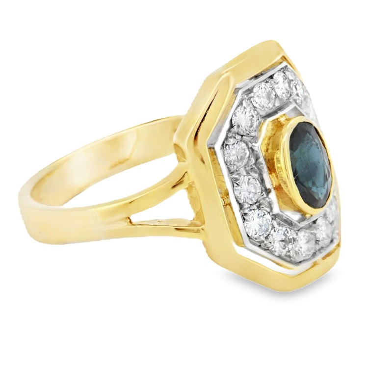 Anello Antico Zaffiro Blu ct 0,40 Diamanti ct 0,35 FG VS Oro Giallo e Bianco 18 kt 4,5 gr
