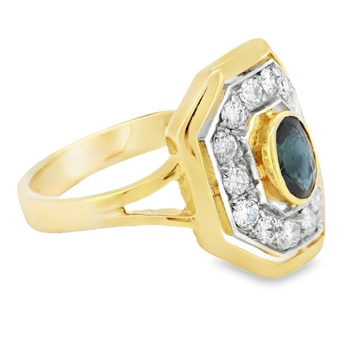 Anello Antico Zaffiro Blu ct 0,40 Diamanti ct 0,35 FG VS Oro Giallo e Bianco 18 kt 4,5 gr