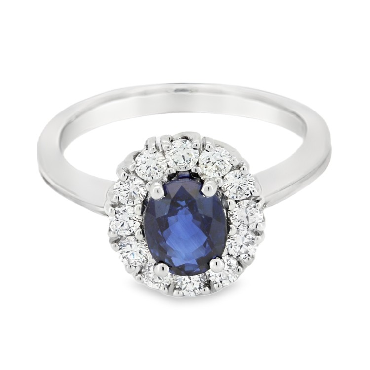 Anello Margherita Zaffiro BLU termodiffuso ct 1,00 Diamanti ct 0,36 FG VS2 Oro 18 kt 4,41 gr