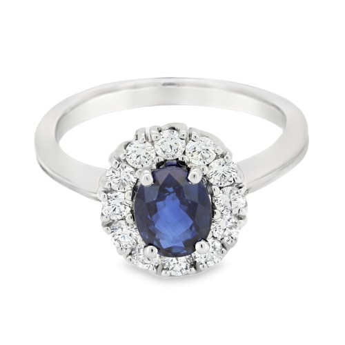 Anello Margherita Zaffiro BLU termodiffuso ct 1,00 Diamanti ct 0,36 FG VS2 Oro 18 kt 4,41 gr
