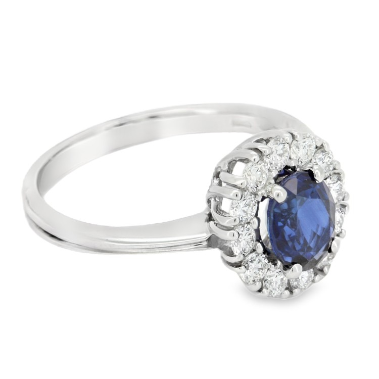 Anello Margherita Zaffiro BLU termodiffuso ct 1,00 Diamanti ct 0,36 FG VS2 Oro 18 kt 4,41 gr