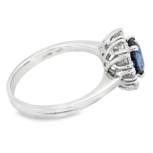 Anello Margherita Zaffiro BLU termodiffuso ct 1,00 Diamanti ct 0,36 FG VS2 Oro 18 kt 4,41 gr