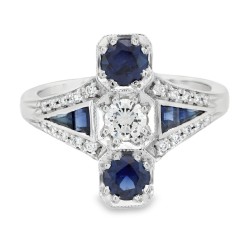 Anello Stile Antico ART DEC0 Zaffiro Blu Diamanti ct 0,22 + 0,10 F VVS Oro 18 kt 2