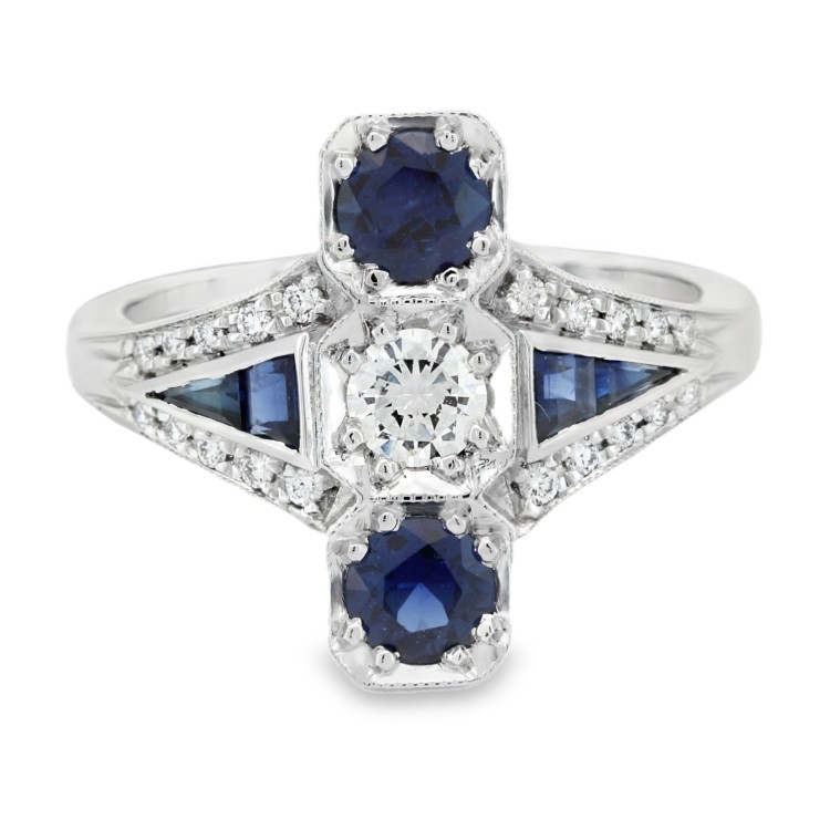 Anello Stile ART DEC0 Zaffiro Blu ct 1,20 Diamanti ct 0,22 + 0,10 F VVS Oro 18 kt 5,21 gr