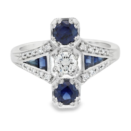 Anello Stile Antico ART DEC0 Zaffiro Blu Diamanti ct 0,22 + 0,10 F VVS Oro 18 kt