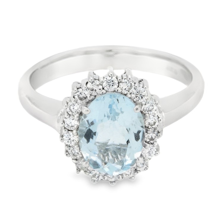 Anello Acquamarina ct 1,69 Diamanti ct 0,33 F VS2 Oro Bianco 18 kt 5,44 gr