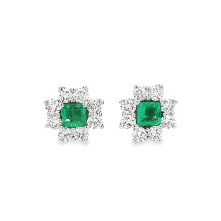 Orecchini Margherita Smeraldi ct 0,62 Diamanti ct 0,95 F VS2  misure 9,5 x 9,5  mm Oro 18 kt 3,32 gr