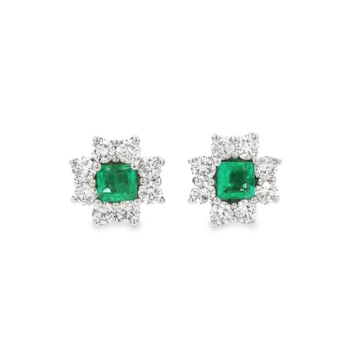 Orecchini Margherita Smeraldi ct 0,62 Diamanti ct 0,95 F VS2  misure 9,5 x 9,5  mm Oro 18 kt 3,32 gr