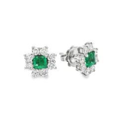 Orecchini Margherita Smeraldi ct 0,62 Diamanti ct 0,95 F VS2  misure 9,5 x 9,5  mm Oro 18 kt 3,32 gr 2
