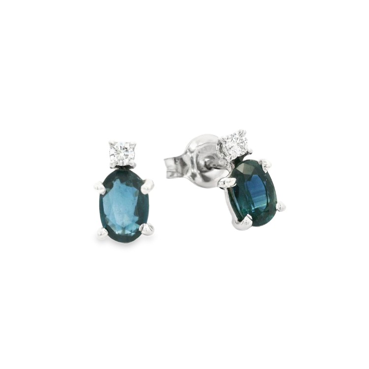 Orecchini Zaffiri 6 X 4 mm ct 1,05  Diamanti ct 0,06 F VS Oro Bianco 18 kt 1,58 gr
