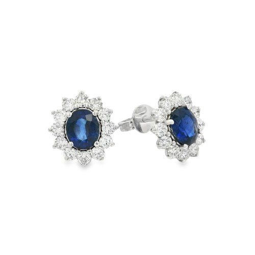 Orecchini Margherita Zaffiro 6 x 5 mm  ct 1,52  Diamanti Taglio a Brillante ct 0,91 F VS Oro Bianco 18 kt 3,03 gr