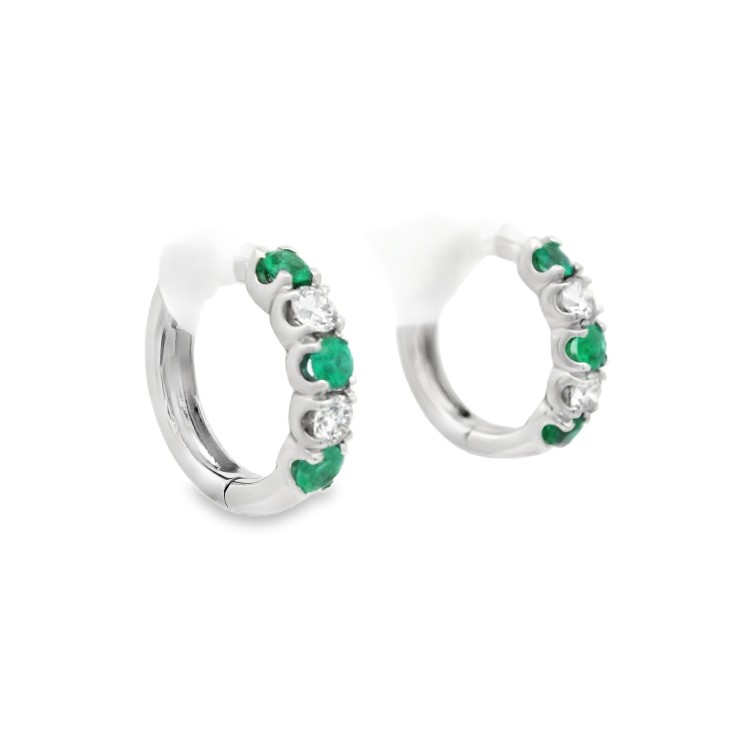 Orecchini Smeraldi ct 0,26 a Cerchio 13,6 x 3 x 2,6 mm Diamanti ct 0,20 EF VS Oro Bianco 18 kt 2,83 gr