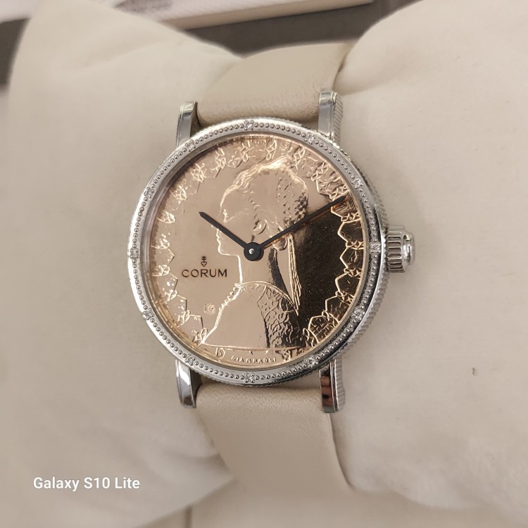 CORUM Usato Acciaio Diamanti Quarzo Coin Watch 32 x 7 mm Quadrante Oro Rosa 18 ktref 04.0036