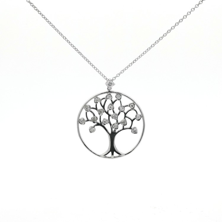 Collana Albero della Vita 25 mm Diamanti ct 0,21 F VS Oro Bianco 18 kt 4,85 gr