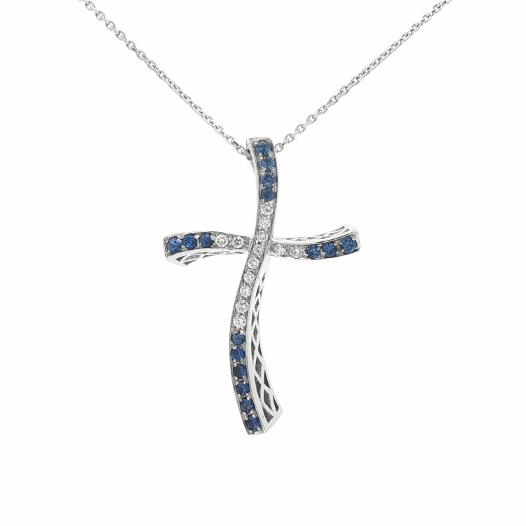 Collana Croce Zaffiri Diamanti ct 0,30 Oro 18 kt