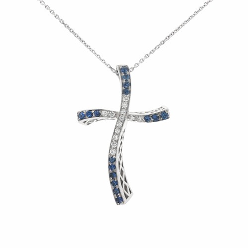 Collana Croce Zaffiri Diamanti ct 0,30 Oro 18 kt