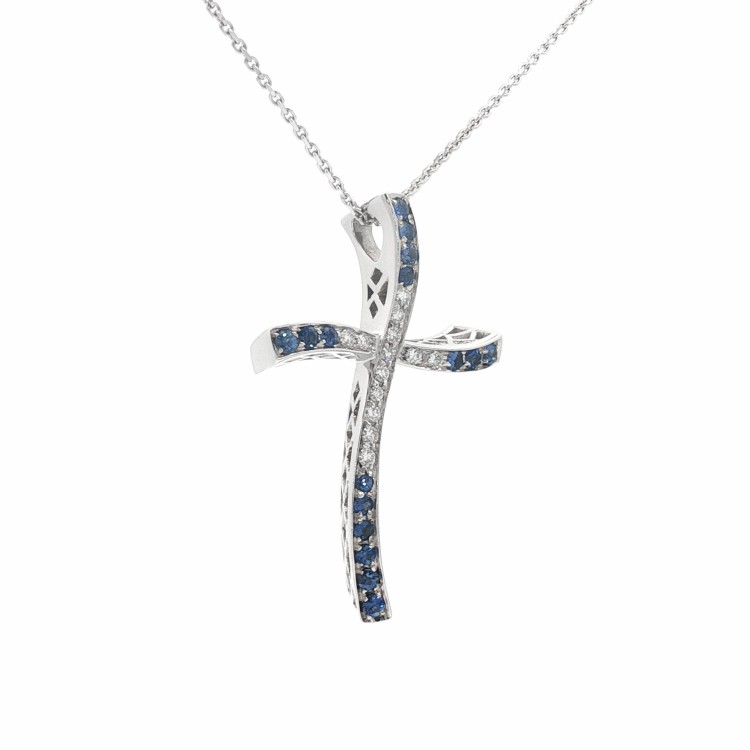 Collana Croce Zaffiri Diamanti ct 0,30 Oro 18 kt