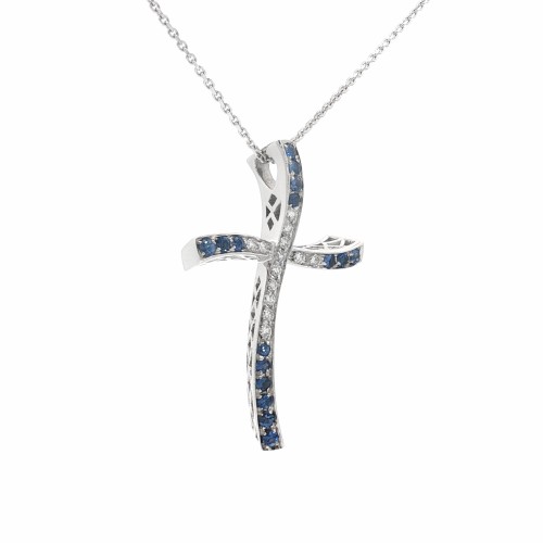 Collana Croce Zaffiri Diamanti ct 0,30 Oro 18 kt