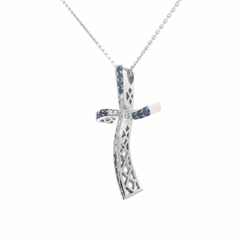 Collana Croce Zaffiri Diamanti ct 0,30 Oro 18 kt