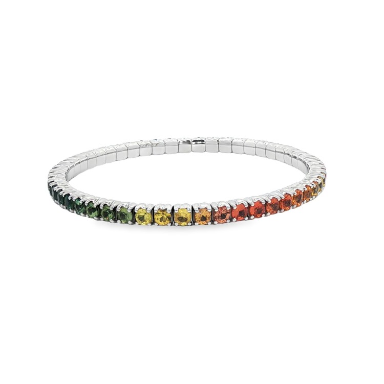 Bracciale Tennis Elastico Zaffiri Multicolor ct 8,20  misura 4,0 mm n° 51 pietre Oro Bianco 18 kt 16,7 gr.