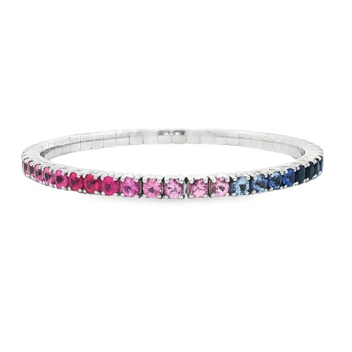 Bracciale Tennis Elastico Zaffiri Multicolor ct 8,20  misura 4,0 mm n° 51 pietre Oro Bianco 18 kt 16,7 gr.
