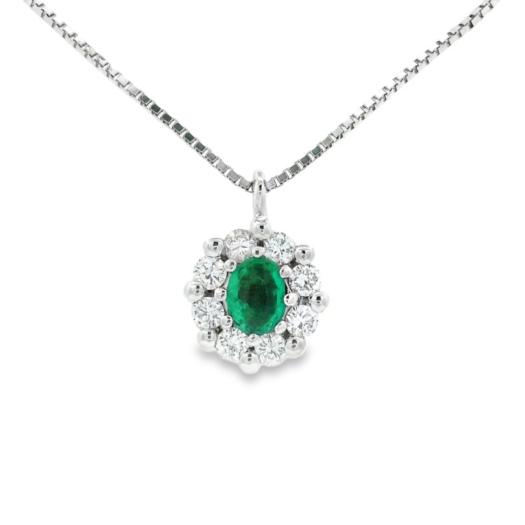 Collana Smeraldo Ovale ct 0,23 Diamanti ct 0,16 F VS Oro Bianco 18 kt 2,73 gr