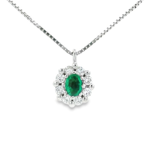 Collana Smeraldo Ovale ct 0,23 Diamanti ct 0,16 F VS Oro Bianco 18 kt 2,73 gr
