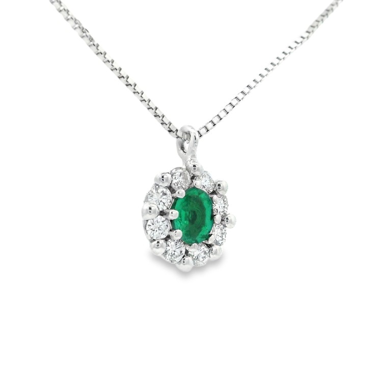Collana Smeraldo Ovale ct 0,23 Diamanti ct 0,16 F VS Oro Bianco 18 kt 2,73 gr
