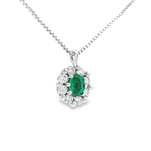 Collana Smeraldo Ovale ct 0,23 Diamanti ct 0,16 F VS Oro Bianco 18 kt 2,73 gr