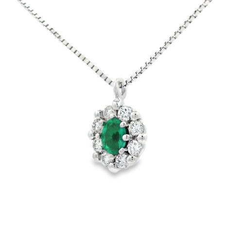 Collana Smeraldo Ovale ct 0,23 Diamanti ct 0,16 F VS Oro Bianco 18 kt 2,73 gr